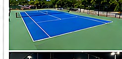 Cancha de tenis reglamentaria con césped alrededor.